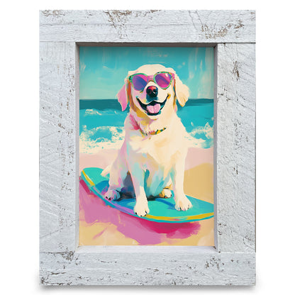 Surfs Up Golden Retriever | Real Wood Framed Wall Art Print