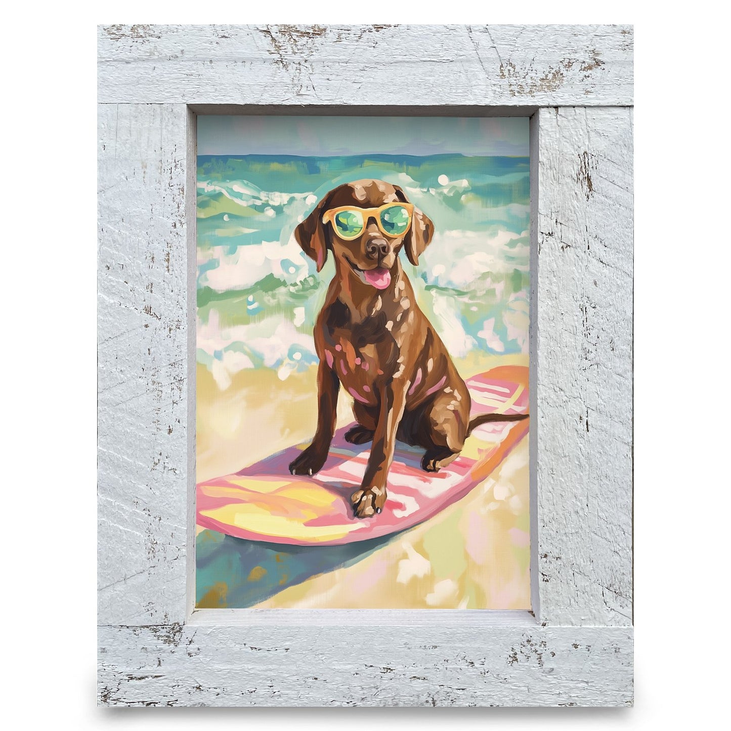 Surfing Chocolate Lab | Real Wood Framed Wall Art Print