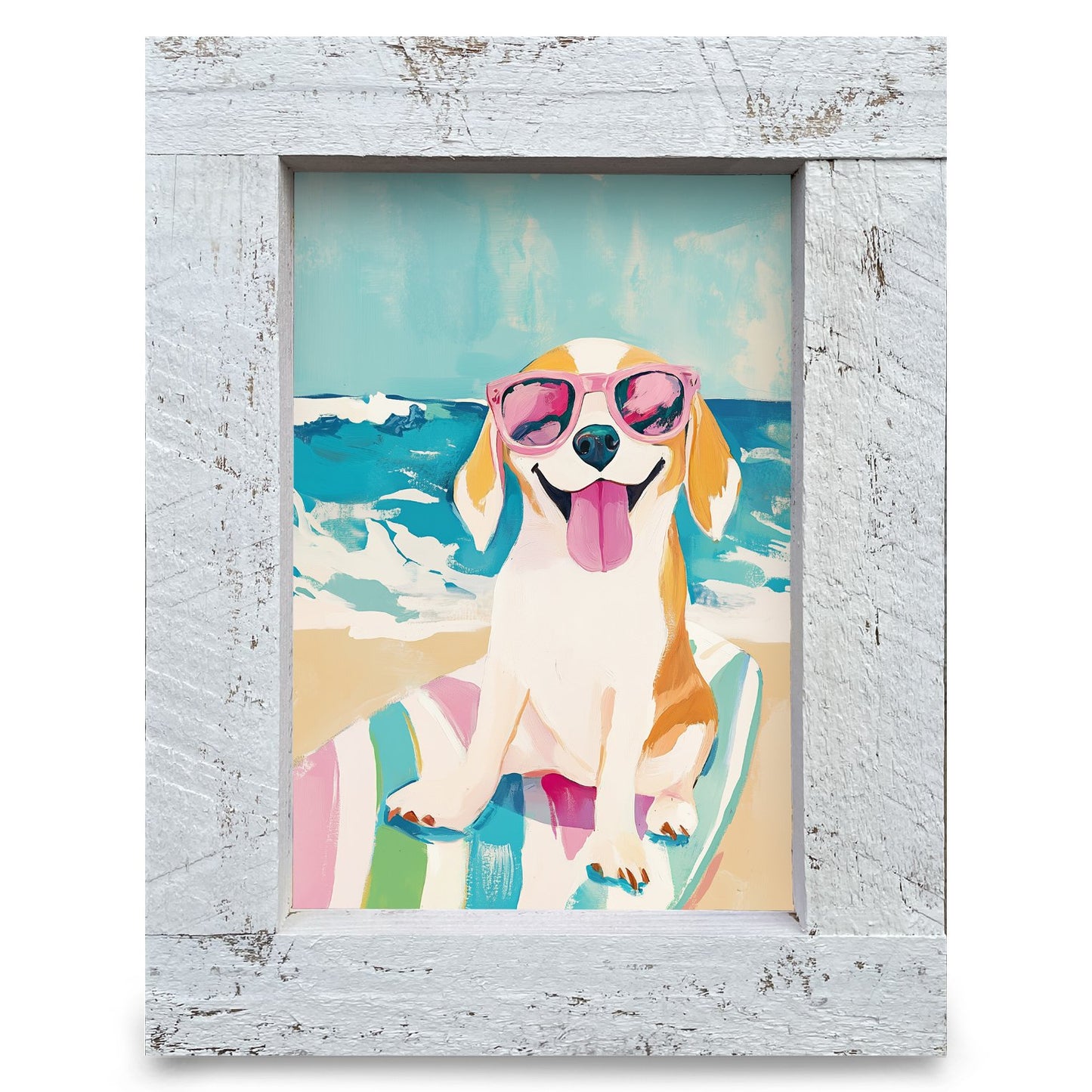Happy Beach Beagle | Real Wood Framed Wall Art Print
