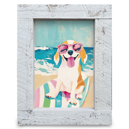 Happy Beach Beagle | Real Wood Framed Wall Art Print