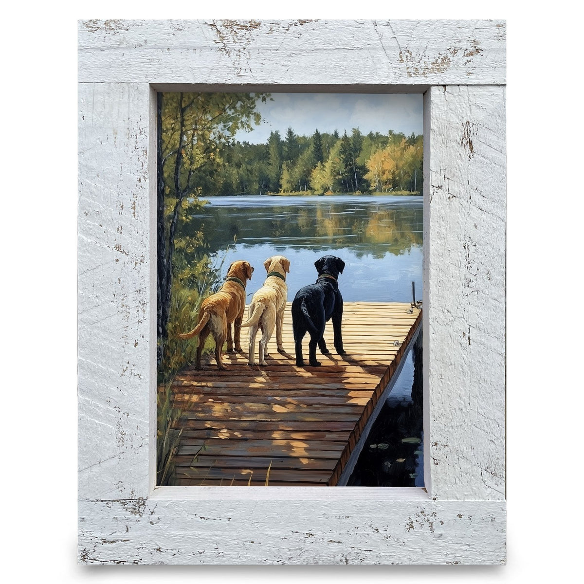 Labs On The Lake Dock | Real Wood Framed Wall Art Print