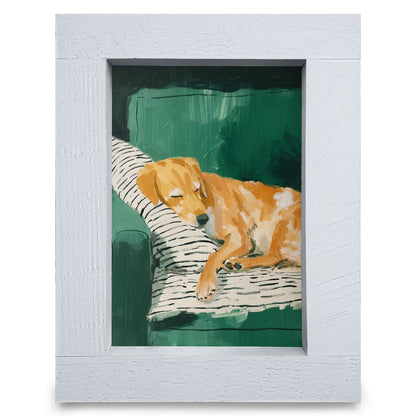 Deep Green Dog Nap | Real Wood Framed Wall Art Print