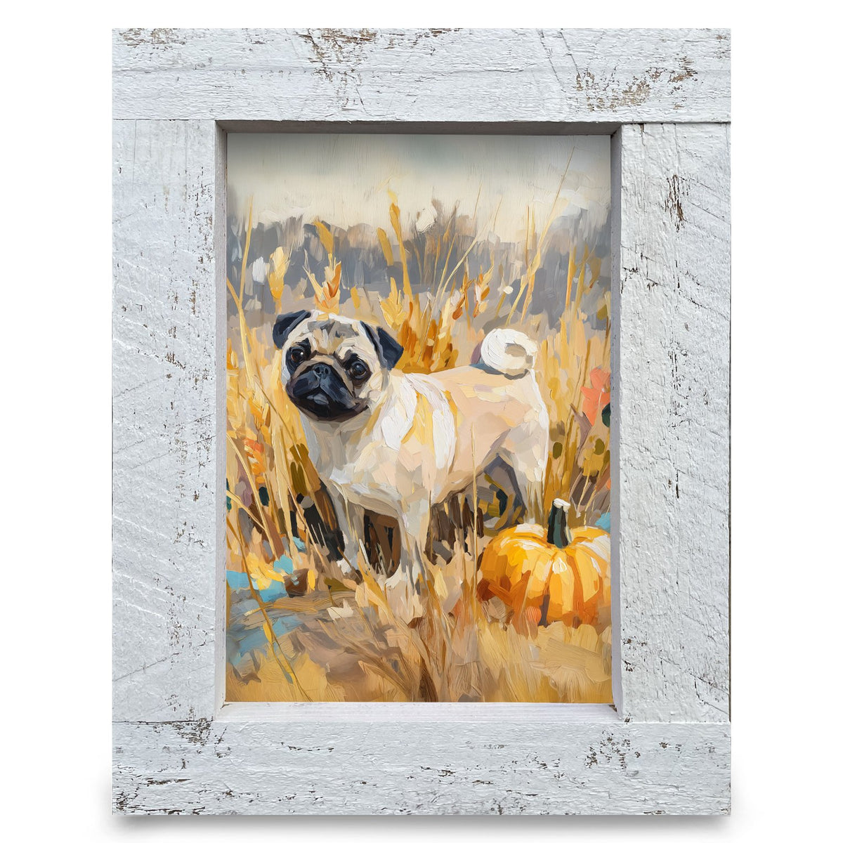 Pumpkin Patch Pug | Real Wood Framed Wall Art Print