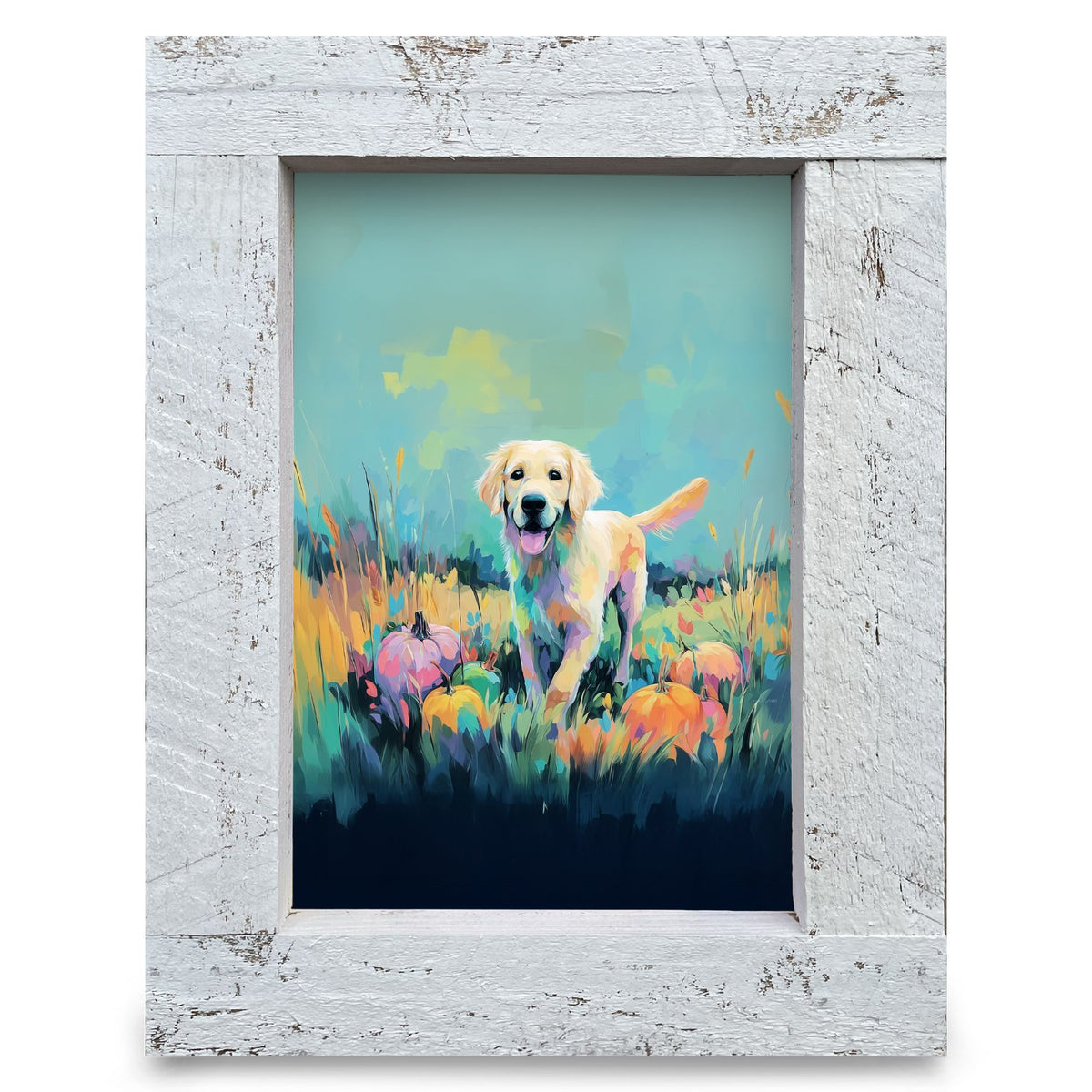 Golden Retriever Pumpkin Meadow | Real Wood Framed Wall Art Print
