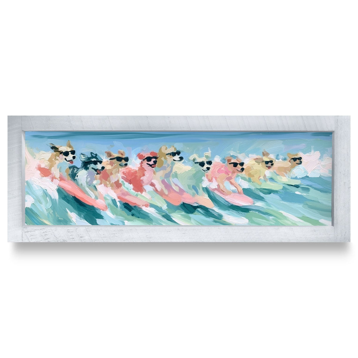 Surfing Dogs In Shades | Real Wood Framed Wall Art Print | Skinny