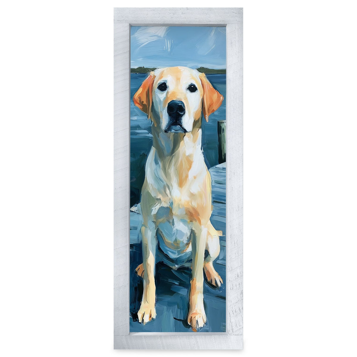 Yellow Lab At The Dock | Real Wood Framed Wall Art Print | Skinny