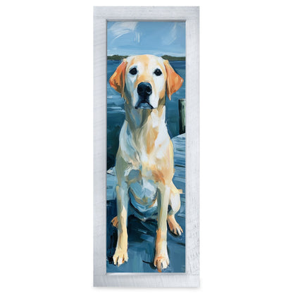Yellow Lab At The Dock | Real Wood Framed Wall Art Print | Skinny