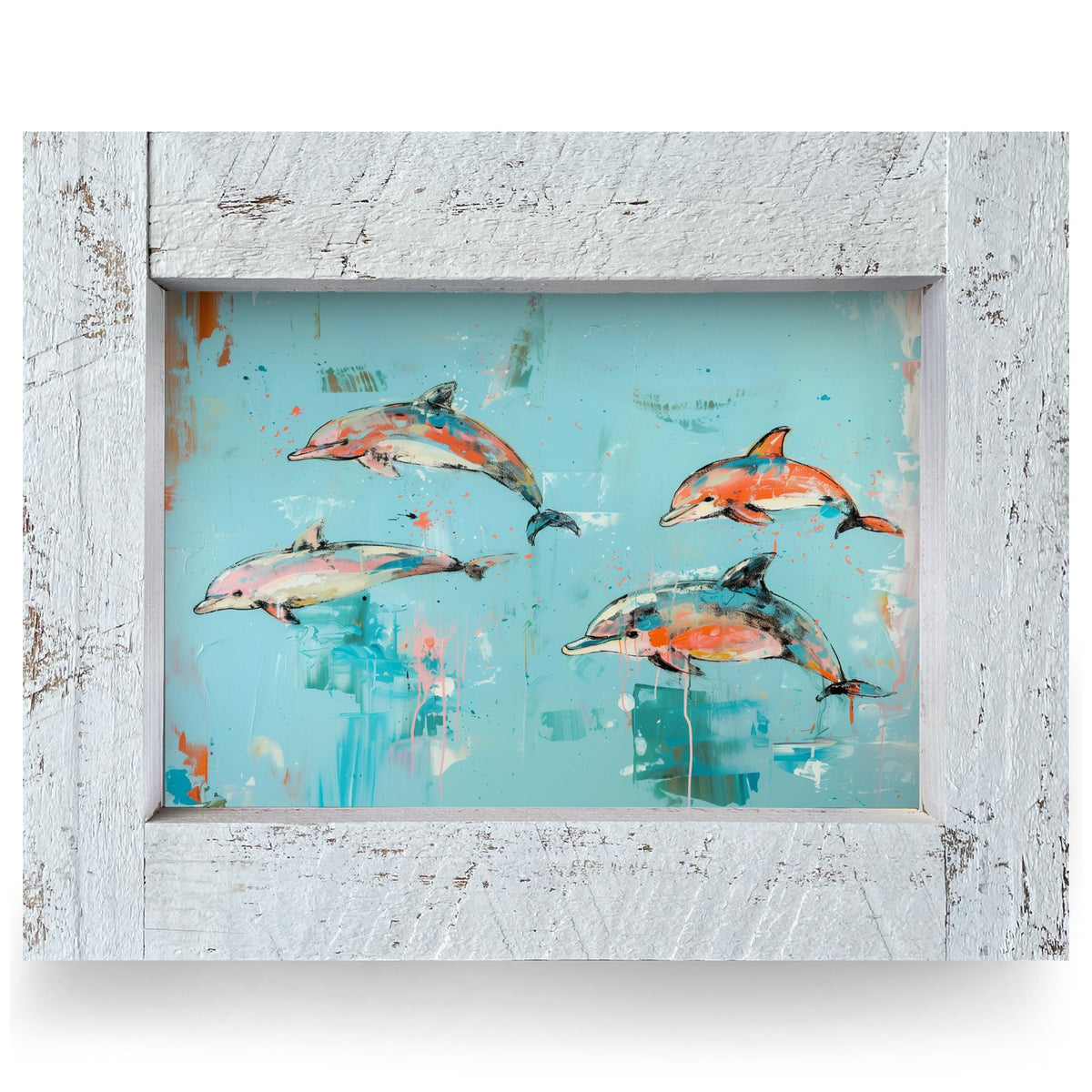 Playful Dolphin Pod | Real Wood Framed Wall Art Print