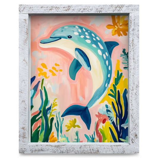 Coral Reef Dolphin | Real Wood Framed Wall Art Print