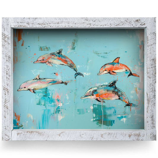 Playful Dolphin Pod | Real Wood Framed Wall Art Print