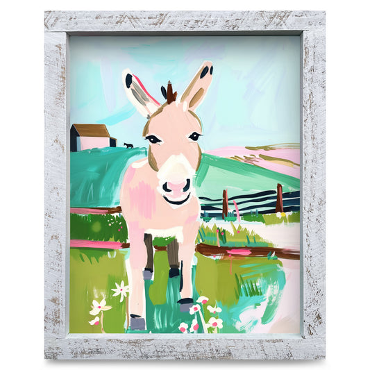 Sweet Farm Donkey | Real Wood Framed Wall Art Print