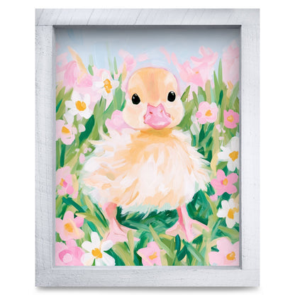 Duckling in the Daisies | Real Wood Framed Wall Art Print