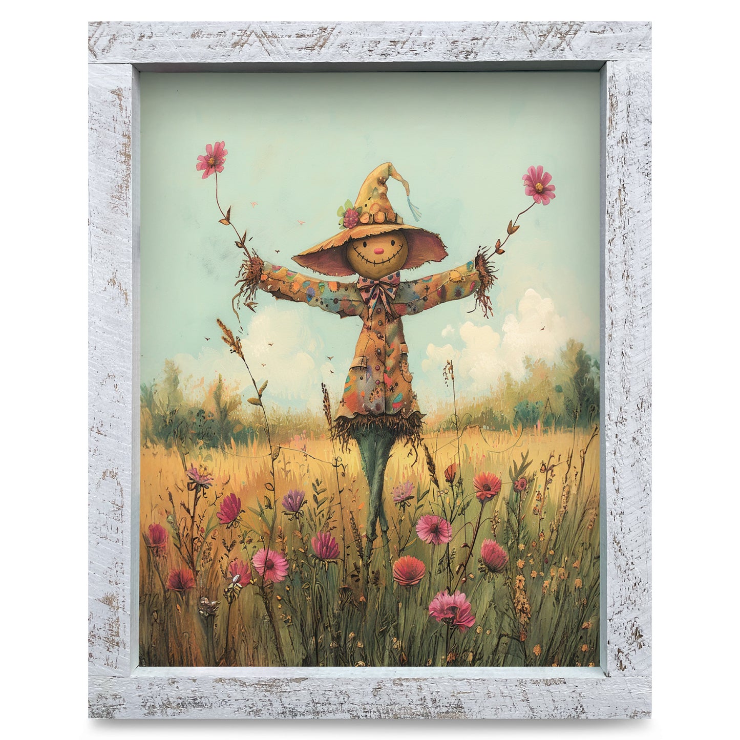 Cute Scarecrow With Flowers | Real Wood Framed Wall Art Print