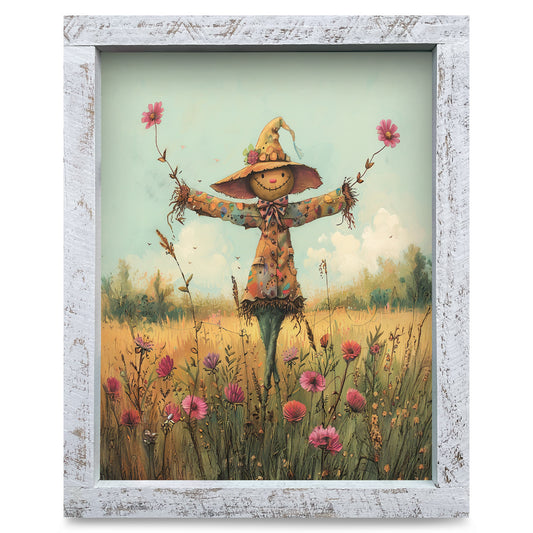 Cute Scarecrow With Flowers | Real Wood Framed Wall Art Print