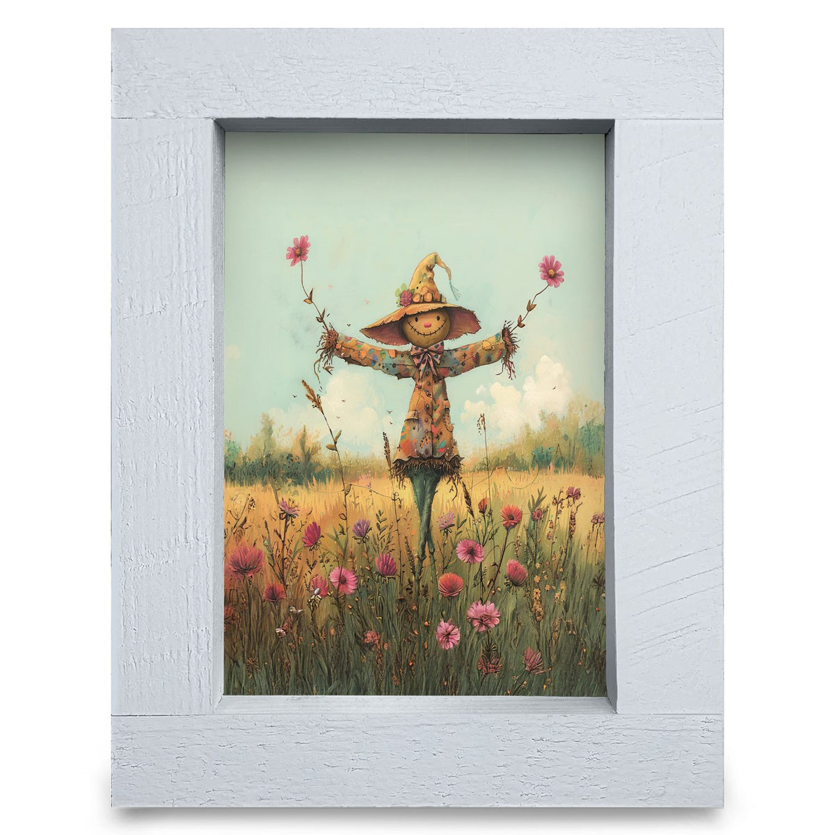 Cute Scarecrow With Flowers | Real Wood Framed Wall Art Print