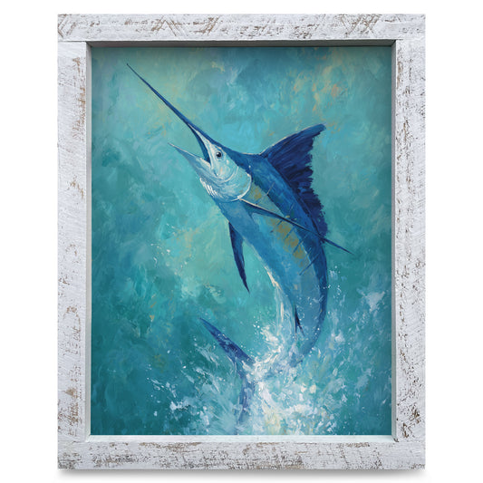 Blue Marlin Splash | Real Wood Framed Wall Art Print