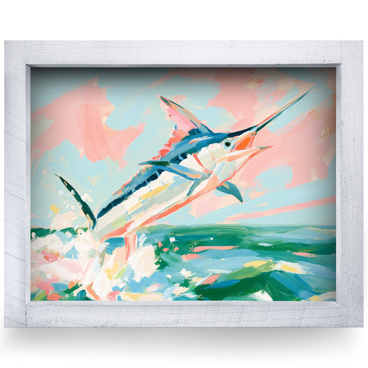 Leaping Marlin real wood framed print, second size