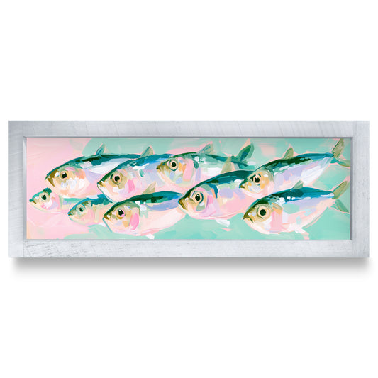 School Of Silver Fish real wood framed print, rustic white frame