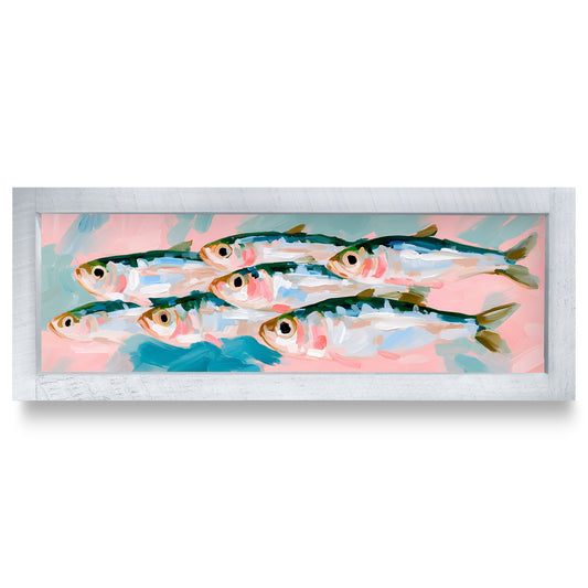 Pink Sardine Run real wood framed print, rustic white frame
