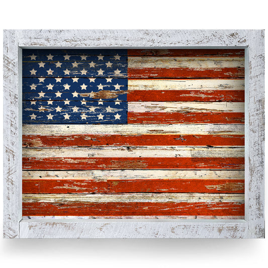 Rustic American Flag | Real Wood Framed Wall Art Print | Horizontal
