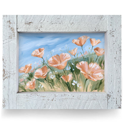 Peach Poppies Blue Sky | Real Wood Framed Wall Art Print