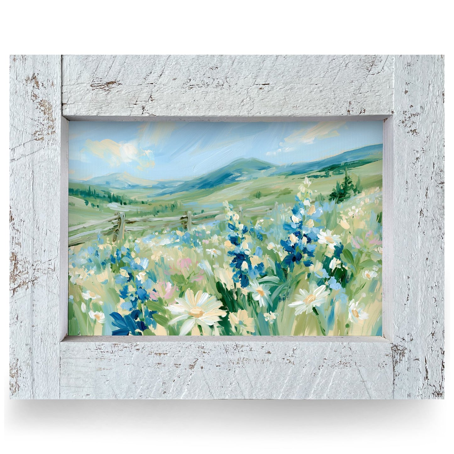 Hillside Daisies And Delphinium | Real Wood Framed Wall Art Print
