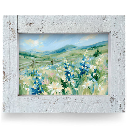Hillside Daisies And Delphinium | Real Wood Framed Wall Art Print