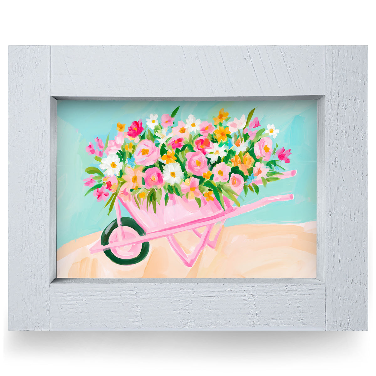 Pink Flower Wheelbarrow real wood framed print, rustic white frame