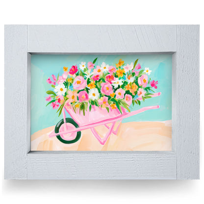 Pink Flower Wheelbarrow real wood framed print, rustic white frame