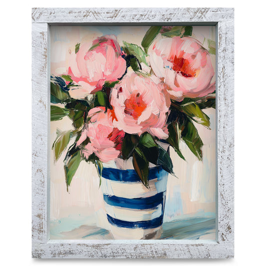 Pink Flowers Navy Stripes | Real Wood Framed Wall Art Print
