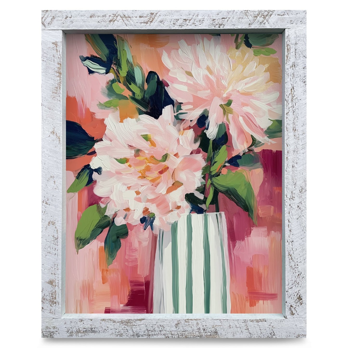 Blush Dahlias Striped Vase | Real Wood Framed Wall Art Print