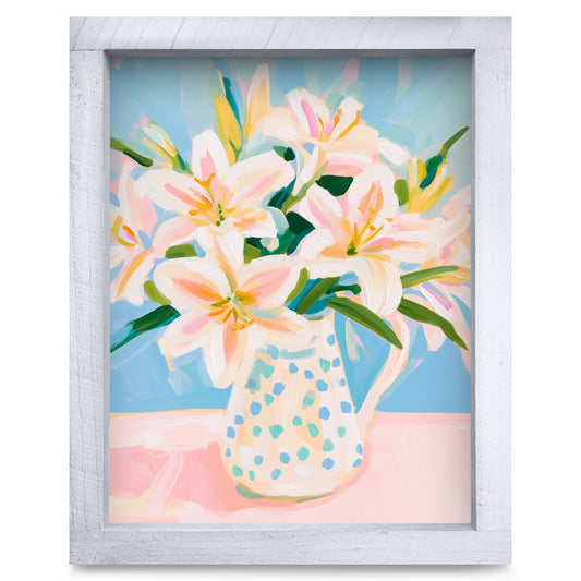 Lilies in a Polka Dot Pitcher | Real Wood Framed Wall Art Print