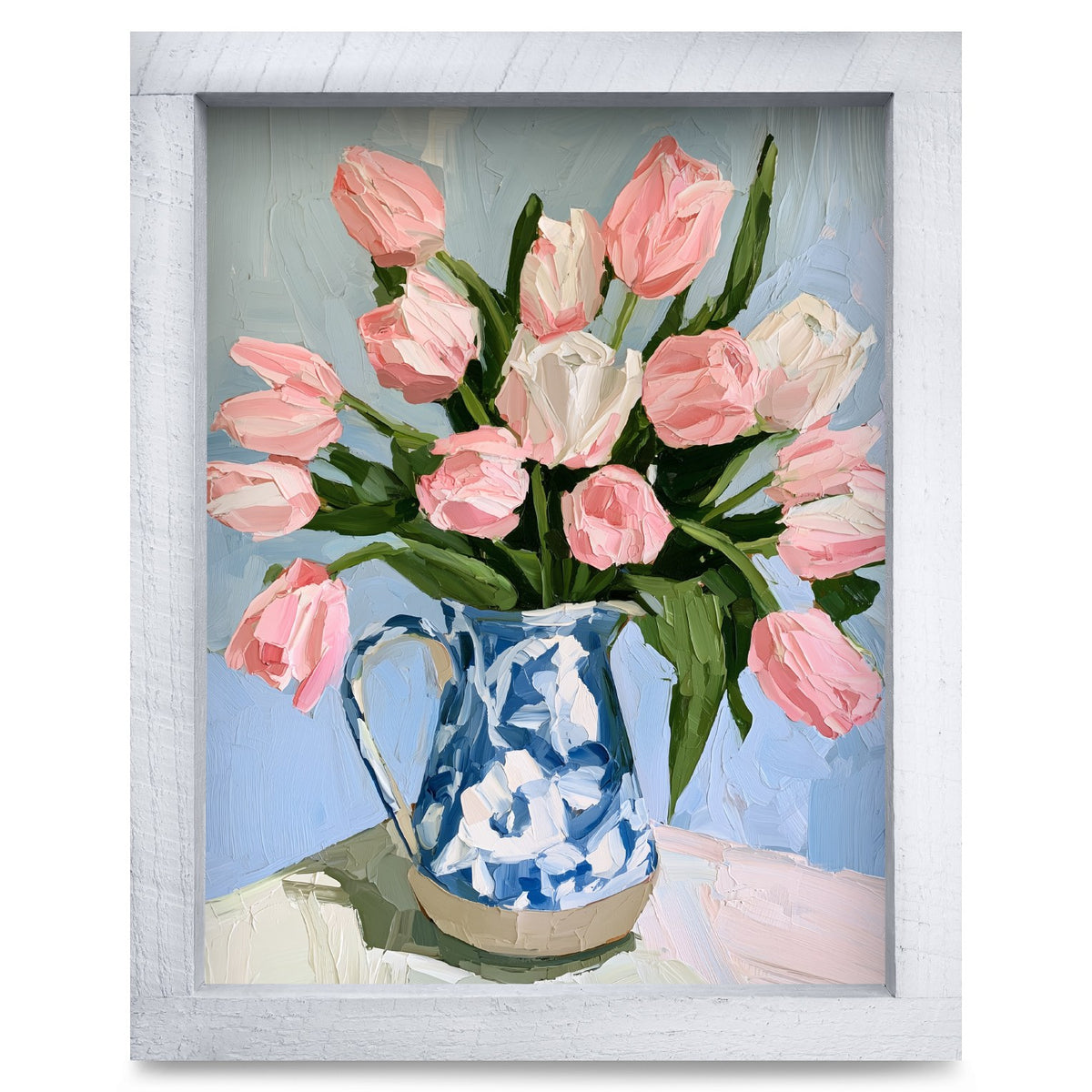 Pink Tulips in Blue Pitcher | Real Wood Framed Wall Art Print