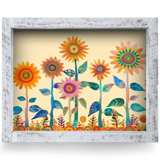 Funky Fun Sunflowers | Real Wood Framed Wall Art Print | Horizontal