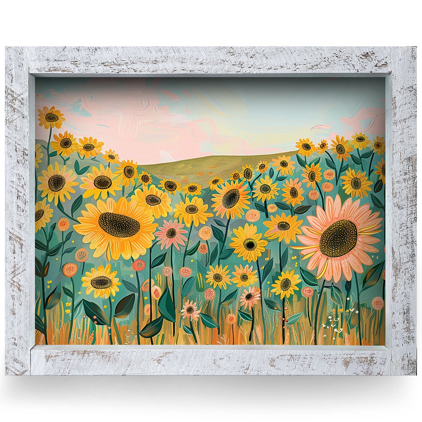 Whimsy Sunflowers | Real Wood Framed Wall Art Print | Horizontal