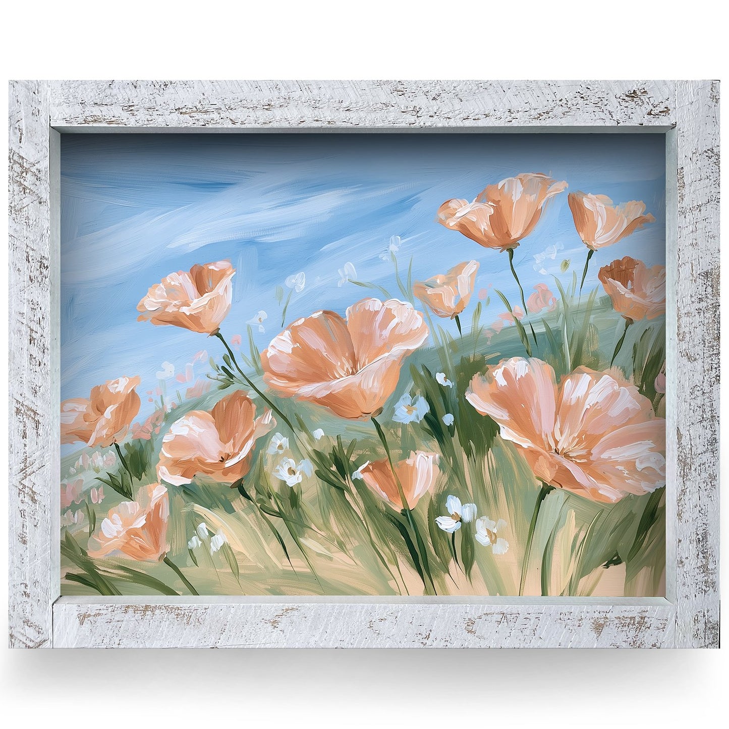 Peach Poppies Blue Sky | Real Wood Framed Wall Art Print