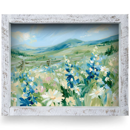 Hillside Daisies And Delphinium | Real Wood Framed Wall Art Print
