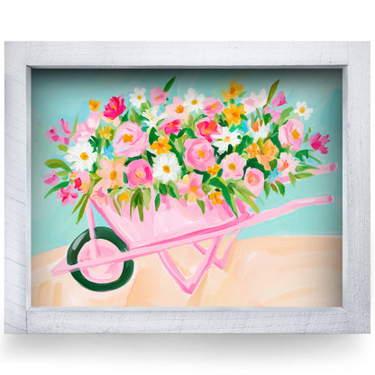 Pink Flower Wheelbarrow real wood framed print, second size