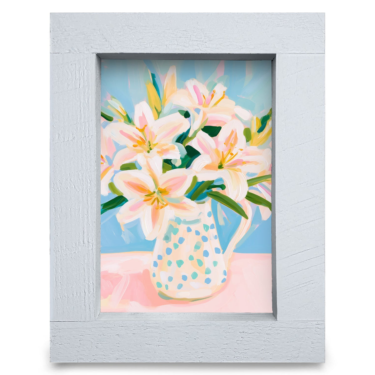 Lilies in a Polka Dot Pitcher | Real Wood Framed Wall Art Print