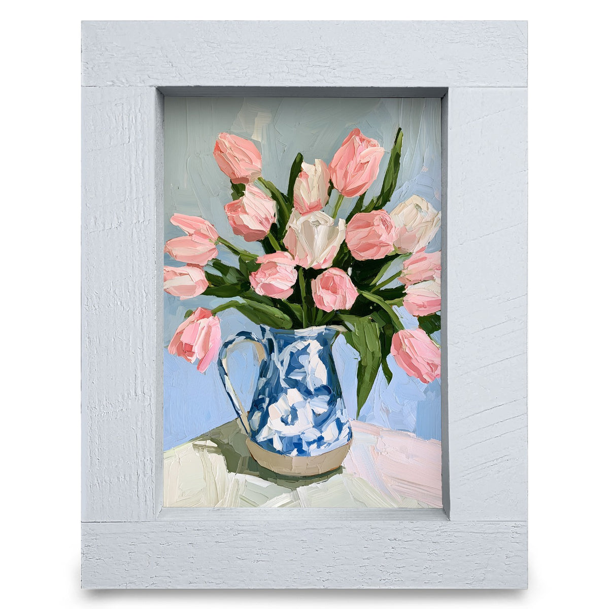 Pink Tulips in Blue Pitcher | Real Wood Framed Wall Art Print