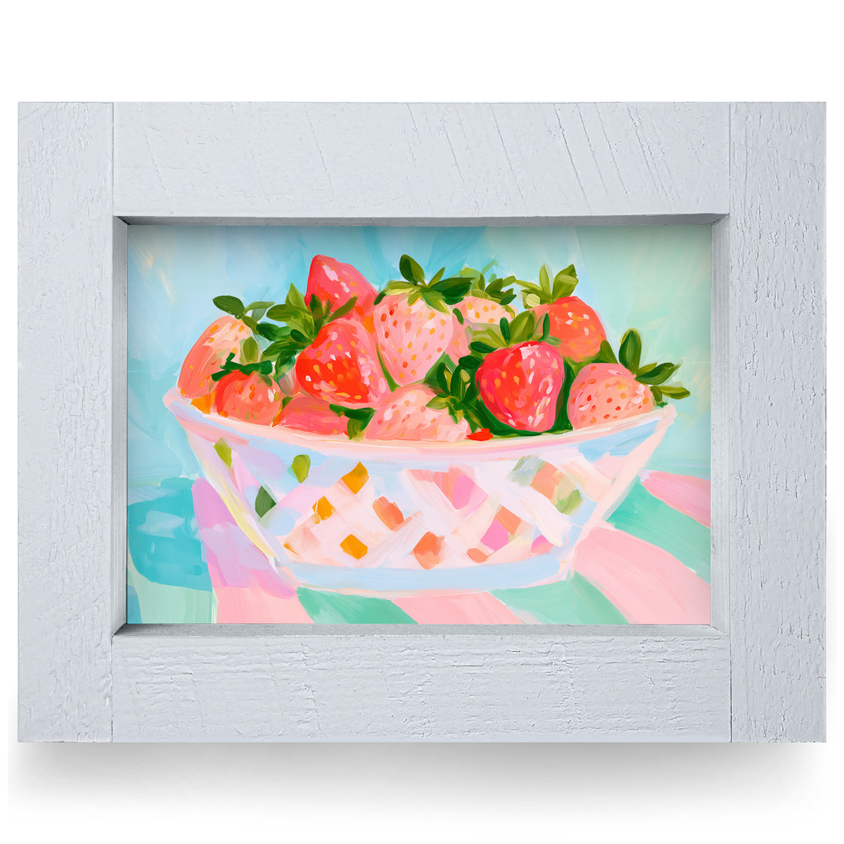 Bowl Of Strawberries real wood framed print, rustic white frame