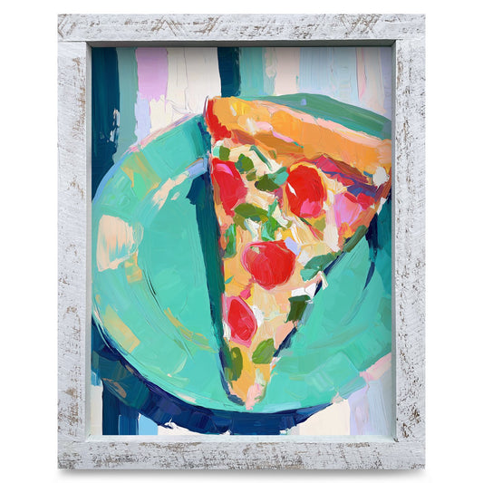 Pizza Slice On Teal | Real Wood Framed Wall Art Print