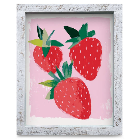 Sweet Strawberries On Pink | Real Wood Framed Wall Art Print
