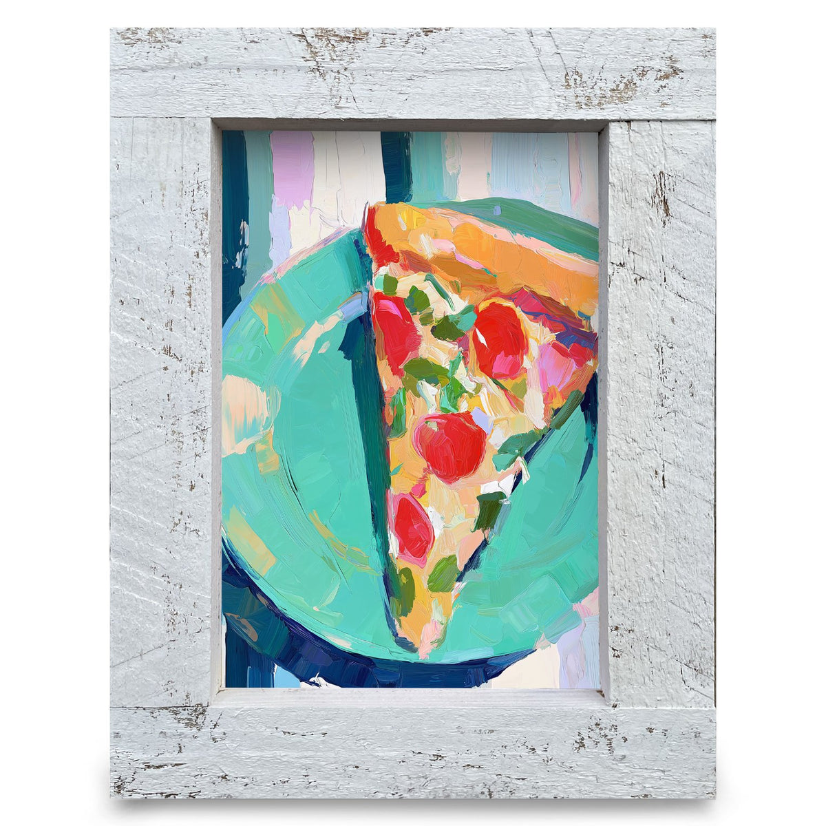 Pizza Slice On Teal | Real Wood Framed Wall Art Print