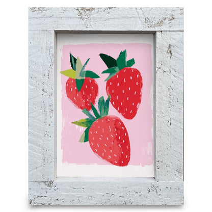 Sweet Strawberries On Pink | Real Wood Framed Wall Art Print