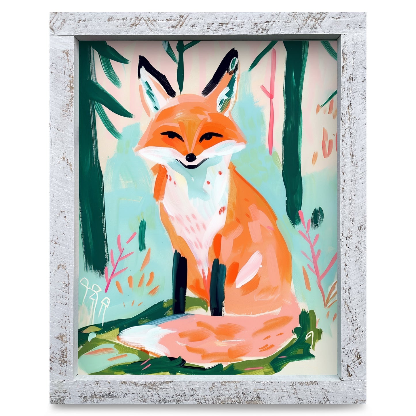 Happy Fox in the Woods | Real Wood Framed Wall Art Print