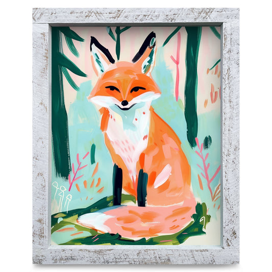 Happy Fox in the Woods | Real Wood Framed Wall Art Print