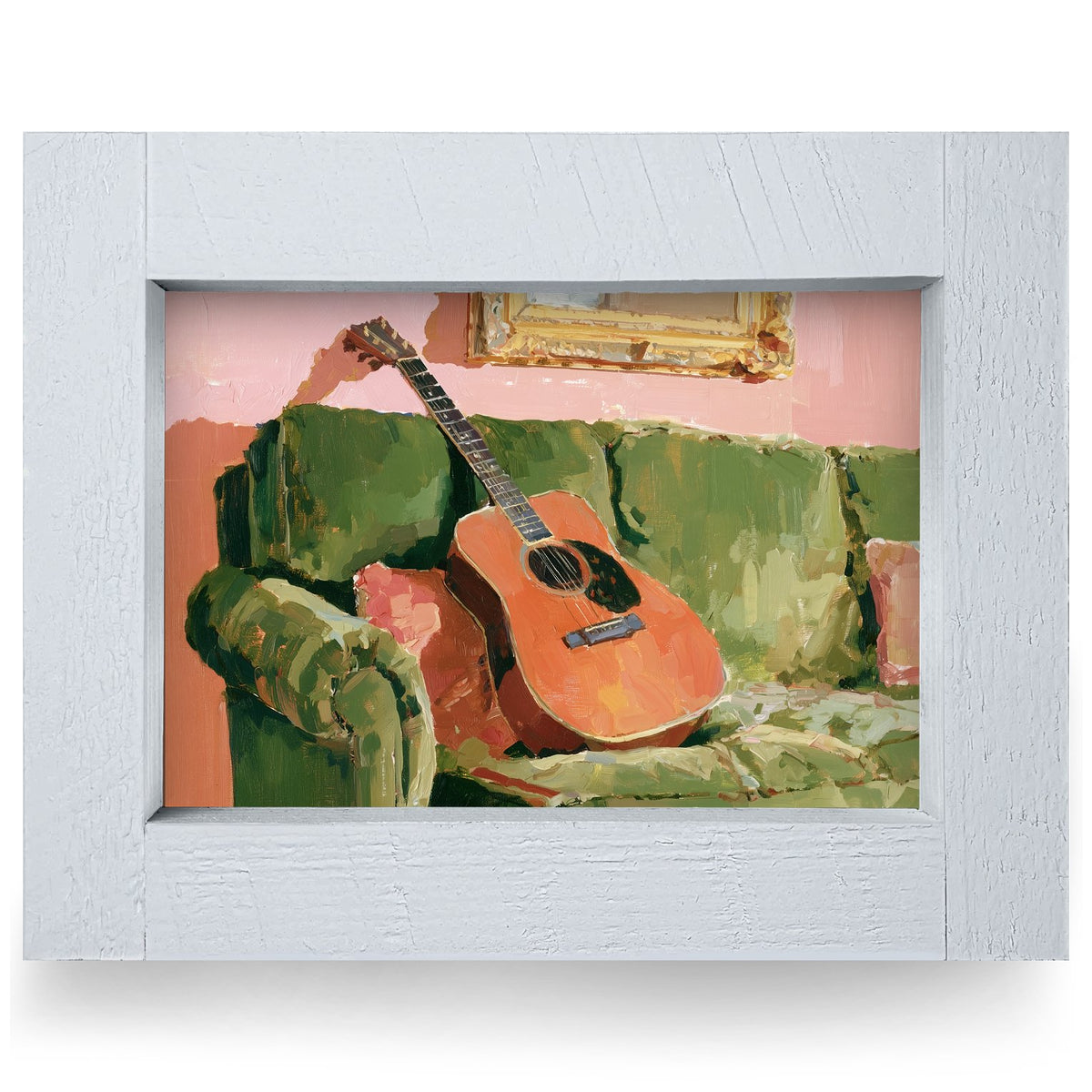 Guitar on the Green Sofa | Real Wood Framed Wall Art Print