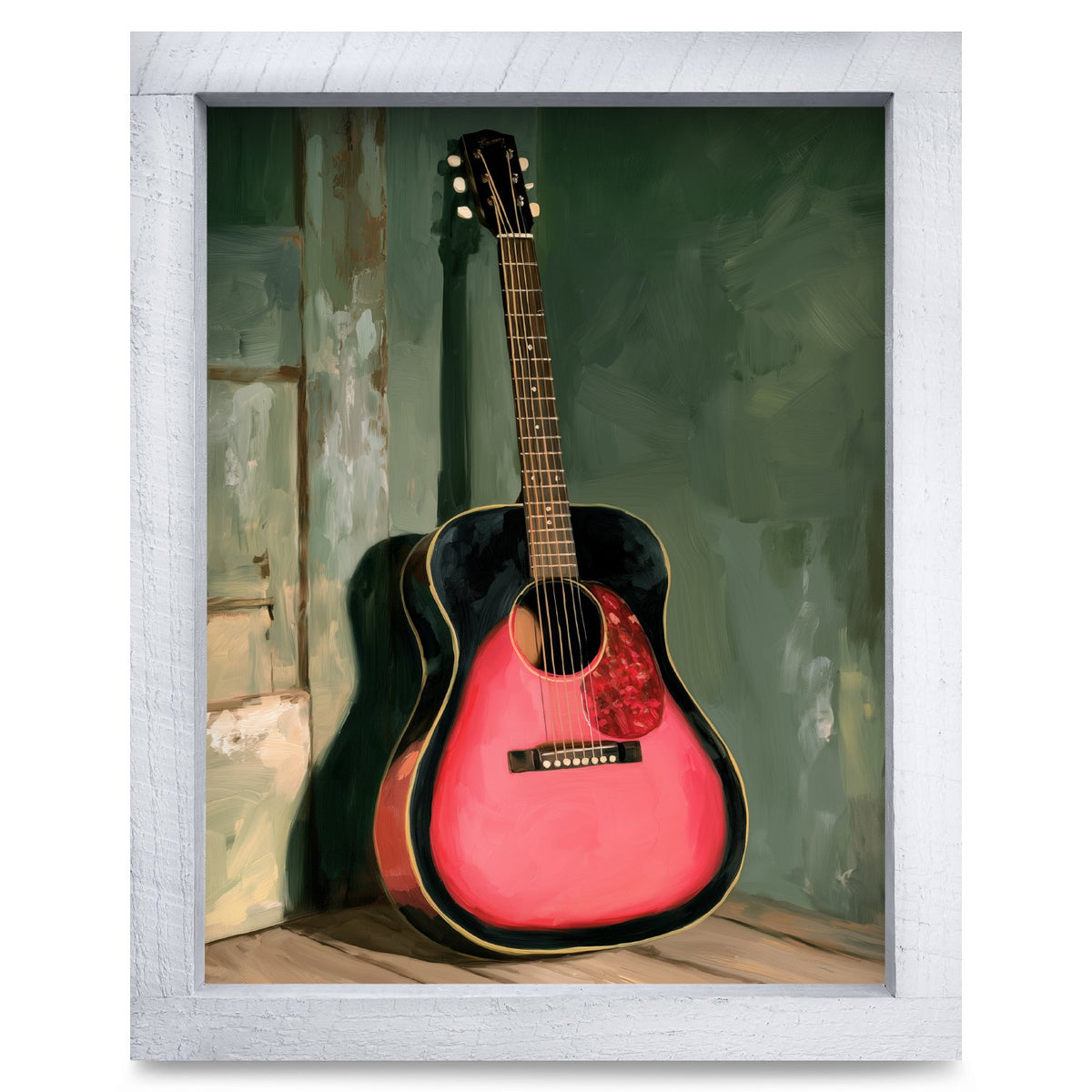 Pink Guitar in the Corner | Real Wood Framed Wall Art Print