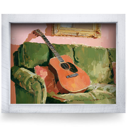 Guitar on the Green Sofa | Real Wood Framed Wall Art Print